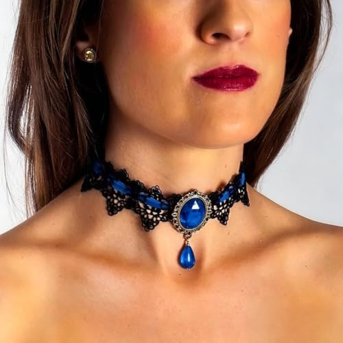 Dainty Black Lace Crystal Choker Necklace Lace Gothic Choker for Women for Halloween Weeding Costume Party Prom Vampire Choker - color: Blue