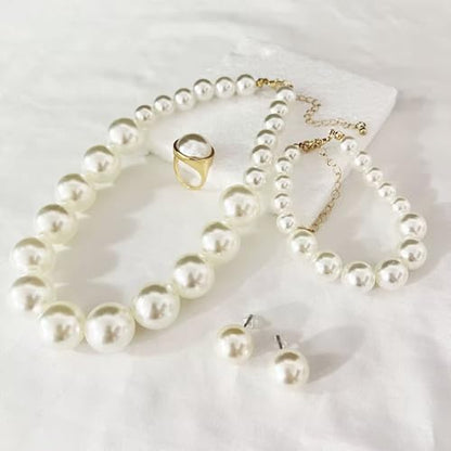 Chunky Beaded Jewelry Set, Necklace Earrings Bracelet Ring for Women Party | Simulated pearl jewelry set, necklace earrings bracelet & ring. Elegant chunky beaded, ideal gift for wedding and daily wear. - color: White