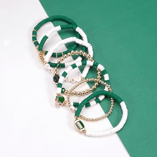 Ardorchid Halloween Bracelets for Women Pumpkin Ghost Steleton Bat Skull Beaded Stackable Stretchy Bracelet Rugby Thanksgiving Christmas Heishi Bracelets - color: Game Day-Green