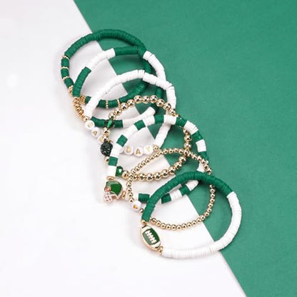 Ardorchid Halloween Bracelets for Women Pumpkin Ghost Steleton Bat Skull Beaded Stackable Stretchy Bracelet Rugby Thanksgiving Christmas Heishi Bracelets - color: Game Day-Green