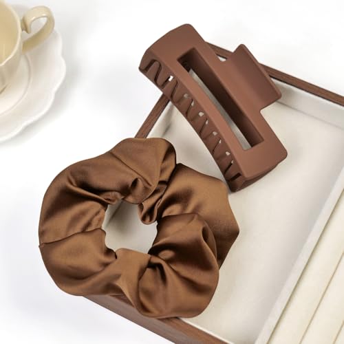 8pcs Hair Claw Clips and Scrunchies Set – Square Hair Clips for Women, Medium Non-Slip Matte, Large Satin Scrunchies, Hair Accessories for Thick Thin Hair, Party, Daily Use – Coffee - color: Mocha Brown Shades