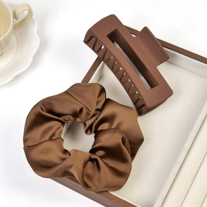 8pcs Hair Claw Clips and Scrunchies Set – Square Hair Clips for Women, Medium Non-Slip Matte, Large Satin Scrunchies, Hair Accessories for Thick Thin Hair, Party, Daily Use – Coffee - color: Mocha Brown Shades