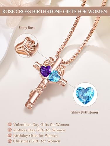 Rose Gold Cross Necklace with 2 Birthstones and Rose | Cross with Birthstone Necklace, Hypoallergenic, Adjustable Rolo Chain, Birthday Gifts, Catholic Christian Religious Jewelry - color: 02-12-Feb-Dec Birthstone