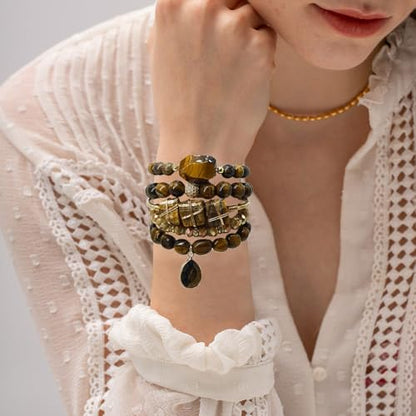 Yomisa Boho Beaded Bracelets/Bangle for Women,Multilayer 5/6/7PCS Healing Natural Handmade Stone Bead Bracelets Stackable Stretch Friendship Beaded Bracelet Set Trendy Western Bohemian Jewelry Gift - color: 5pcs-Tiger eye