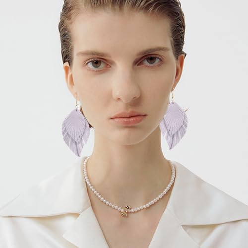 Handmade Bohemian Large Soft Genuine Leather Fringe Double Feather Dangle Drop Earrings Lightweight Simple Color PU Leaf Hook Earrings for Women - color: Purple