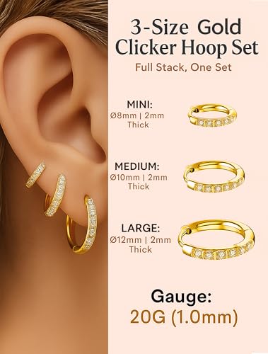316L Surgical Steel Huggie Hoop Earrings | Dainty Pave Cubic Zirconia Cartilage Tiny Earring for Sensitive Ears Hypoallergenic Lightweight for Women Men - style: Gold Plated,18G*8/10/12mm