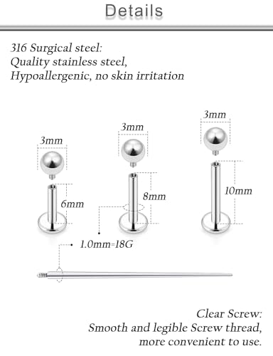 18G 16G 14G Lip Labret Medusa Nose Rings Studs Flat Back Earrings Internally Threaded 316L Surgical Steel Snake Bites Lip Rings Cartilage Tragus Helix Conch Earring Stud 6mm 7mm 8mm - color: 3 Color-18G（1.0mm)-6mm 7mm 8mm Bars-3mm CZ