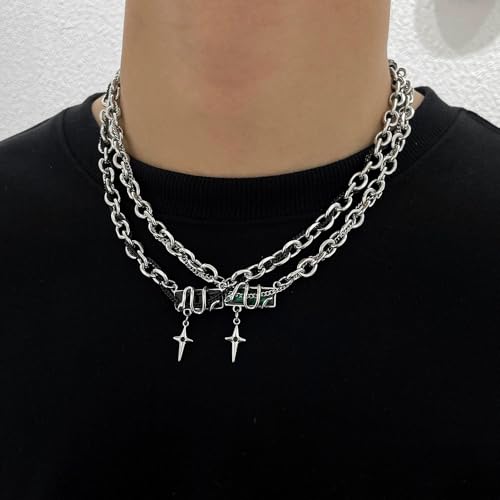 Gothic Cross Star Necklace For Men Women Silver Stainless Steel Cuban Link Paperclip Figaro Bead Chain Punk Kpop Y2k Goth Irregular Layered Cross Pendant Necklace Non Tarnish Jewelry Gift - color: Silver O