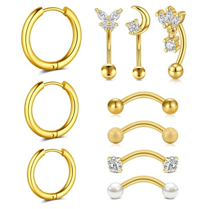 Anicina Rook Curved Barbell Piercing Jewelry Surgical Steel Rook Earrings Eyebrow Rings for Women Horseshoe Rook Eyebrow Septum Piercing Hoop 16G Silver Black - color: A-10pcs-gold