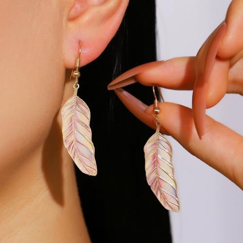 Bohemian Colorful Feather Drop Earrings for Women,Fashion Gradient Leaf Danging Earring Lightweight Hook Shaped Statement Jewelry - color: color D