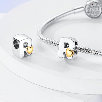 Women 925 Sterling Silver Charms A-Z Heart Letters Beads Pendant for Bracelets Women Fit Pandora Bracelets Hypoallergenic Beads - color: R