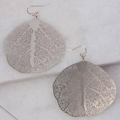 Leaf Earrings for Women - Gold or Silver Tone Filigree Dangle Earrings | Plated in Gold Tone or Silver Tone - color: Round Leaf - Silver