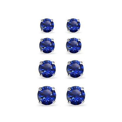 Sapphire Earrings for Women Sterling Silver Trendy Round-Cut Created Blue Gemstone Solitaire Studs for Men Bridesmaids Prom Gift - color: 3-4-5-6mm - Sterling Silver / 4 Pairs