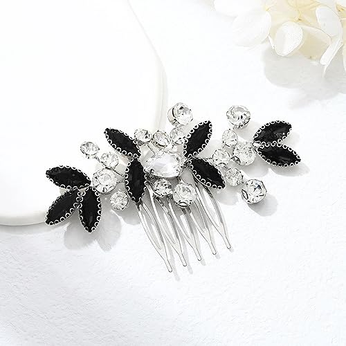 Catery Rhinestone Bride Wedding Hair Comb Black Crystal Side Comb Bridal Hair Piece Leaf Headpiece Bridesmaid Hair Accessories for Women and Girls - color: Black