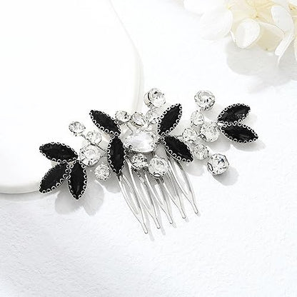 Catery Rhinestone Bride Wedding Hair Comb Black Crystal Side Comb Bridal Hair Piece Leaf Headpiece Bridesmaid Hair Accessories for Women and Girls - color: Black