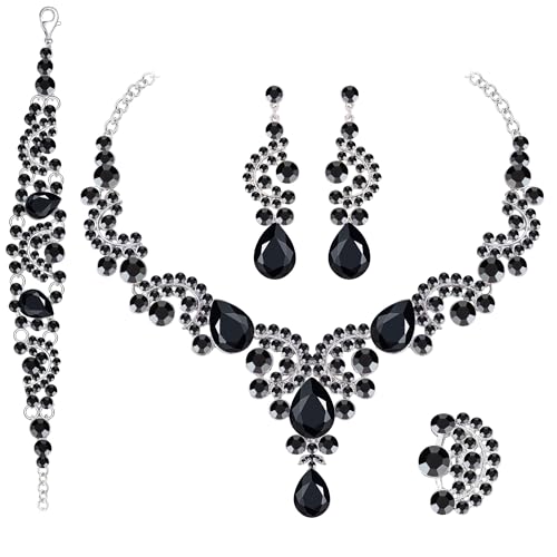 Paxuan Crystal Bridal Wedding Jewelry Sets for Women Rhinestone Teardrop Crystal Statement Choker Necklace Drop Earrings Link Bracelets Rings Teardrop Jewelry Set for Brides Bridesmaids - color: Necklace+Earrings+Bracelet+Ring（Black) - N