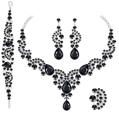 Paxuan Crystal Bridal Wedding Jewelry Sets for Women Rhinestone Teardrop Crystal Statement Choker Necklace Drop Earrings Link Bracelets Rings Teardrop Jewelry Set for Brides Bridesmaids - color: Necklace+Earrings+Bracelet+Ring（Black) - N