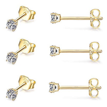 EPIRORA Sterling Silver Stud Earrings for Women Men- 3 Pairs 3mm Tiny Ball Stud Earrings Round CZ Earrings Pearl Earrings Set Cartilage Small Tragus Earrings - style: 3 Pairs-Cubic Zirconia Earrings(Gold)