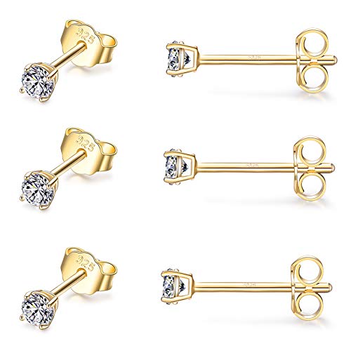 EPIRORA Sterling Silver Stud Earrings for Women Men- 3 Pairs 3mm Tiny Ball Stud Earrings Round CZ Earrings Pearl Earrings Set Cartilage Small Tragus Earrings - style: 3 Pairs-Cubic Zirconia Earrings(Gold)