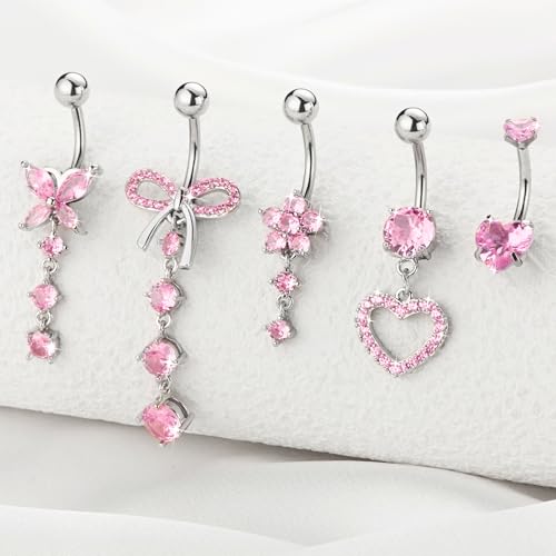 BSJ4U Belly Button Ring Dangle Navel Belly Piercing Jewelry Cute Pink CZ Heart Butterfly Bow Flower Navel Belly Rings for Women 14G Silver Stainless Steel Dainty Dangly Dangling Belly Button Piercing - color: Pink CZ Belly Button Rings