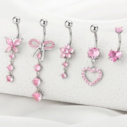 BSJ4U Belly Button Ring Dangle Navel Belly Piercing Jewelry Cute Pink CZ Heart Butterfly Bow Flower Navel Belly Rings for Women 14G Silver Stainless Steel Dainty Dangly Dangling Belly Button Piercing - color: Pink CZ Belly Button Rings