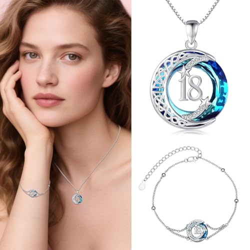 JUSTKIDSTOY Birthday Gifts for Women Girls 925 Sterling Silver Celtic Moon Star Necklace with Blue Crystal Pendant Jewelry for Sister Friends - style: 18th