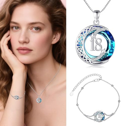 JUSTKIDSTOY Birthday Gifts for Women Girls 925 Sterling Silver Celtic Moon Star Necklace with Blue Crystal Pendant Jewelry for Sister Friends - style: 18th