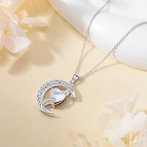 TOUPOP Moon and Star Birthstone Necklace for Women 925 Sterling Silver Celtic Moon Jewelry Birthday Mothers Day Gifts for Mom Wife Her - color: 10-October-Opal