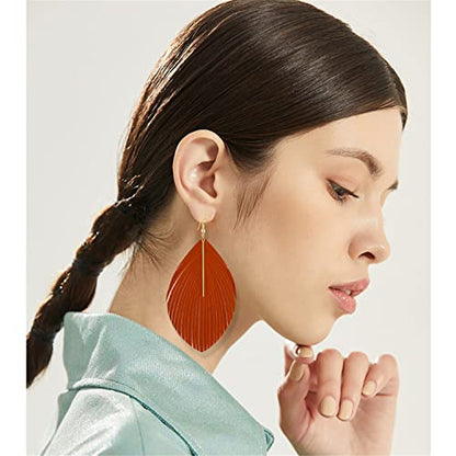 Bohemian Handmade Lightweight Color Large Genuine Soft Leather Fringe Feather Leaf Tear Dangle Drop Earrings for Women Statement - color: Orange
