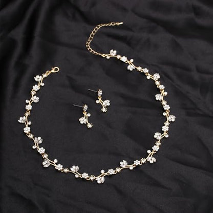 Elegant Brides Austrian Crystal Flower Choker Necklace Drop Dangle Earring Bracelet Wedding Jewelry Set for Bridesmaid Prom Costume Jewelry Set for Women - color: White-Gold Plated