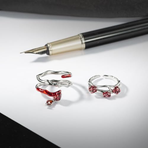 Copper Alloy White Gold Plated Red Rose Shaped Resin Art Gem Ring Set Open Adjustable Stackable Romantic Unique Design Multi-Finger Rings for Women with Premium Gift Box - color: A+B Set