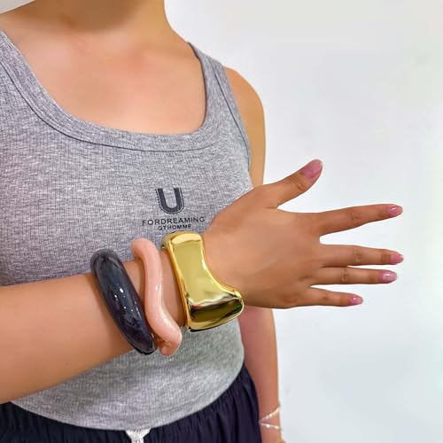 2PCS Chunky Acrylic Bracelet for Women Large Square Resin Cuff Vintage Open Bangle Bracelets Wide Geometric Jewelry - style: A-gold+black+pink