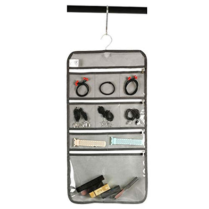 Travel Foldable Jewelry Rolls Bag Hanging Jewelry Organizer with 9 Zippered Clear Pockets Storage Pouch with Rotatable Hanger (GREY) - color: GREY