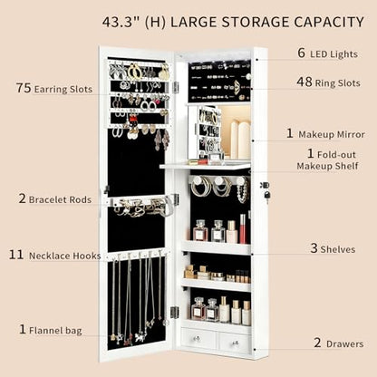 Lockable Jewelry Cabinet Organizer with Full Length Mirror, 6 Auto LED Lights, Wall & Over Door Mount Jewelry Armoire with Earring Slots, Necklace Hooks, Foldable Makeup Shelf - color: White