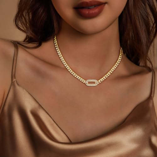 IMBOS 14K Gold Plated Chunky Chain Choker Necklaces for Women Chunky Gold Necklace Tennis Necklace for Women CZ Love Chain Cuban Link Choker Jewelry Gifts - color: Gold-Paperclip Cuban