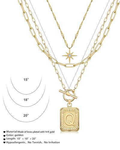 MJartoria Layered Initial Necklaces for Women | 14K Gold Plated Brass, Star Choker, Square Letter Pendant, Paperclip Chain - color: Gold, style: Q