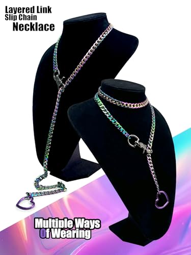 paloli Women's Slip Chain Rainbow Heart O-Ring Chunky Chain Necklace, Rays Cuban Long Layered Jewelry, Adjustable Lariat Y-Necklace Heart Loop Choker - color: H-Heart-Rainbow-Purple