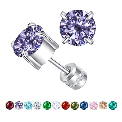 Titanium Flat Back Surgical Stainless Steel Stud Earrings for Women Men,Birthstone Stud Earrings Hypoallergenic Double Side 5A Cubic Zirconia Studs Jewelry 6mm - color: February(Amethyst)