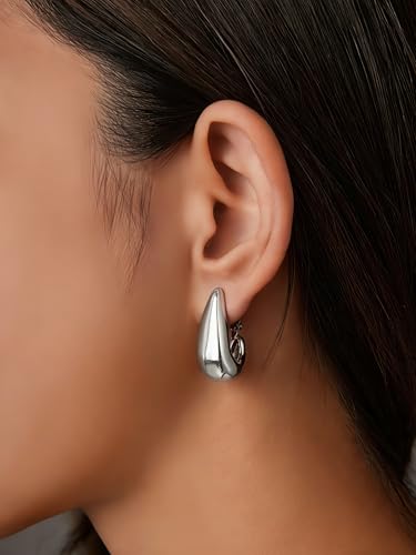 FAN&LOUIS Gold and Silver Clip On Earrings for Women, Chunky Huggie Teardrop Clip-on for Non Pierced Ears - style: Silver