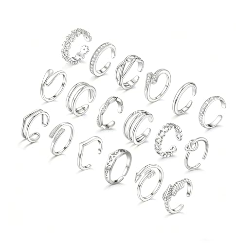 WAINIS 18Pcs Toe Rings for Women | 14K Gold Silver Plated Adjustable Toe Ring,Non Tarnish Simple Hug CZ Triple Open Band Toe Rings,Summer Beach Foot Jewelry - color: silver1