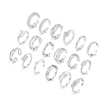 WAINIS 18Pcs Toe Rings for Women | 14K Gold Silver Plated Adjustable Toe Ring,Non Tarnish Simple Hug CZ Triple Open Band Toe Rings,Summer Beach Foot Jewelry - color: silver1