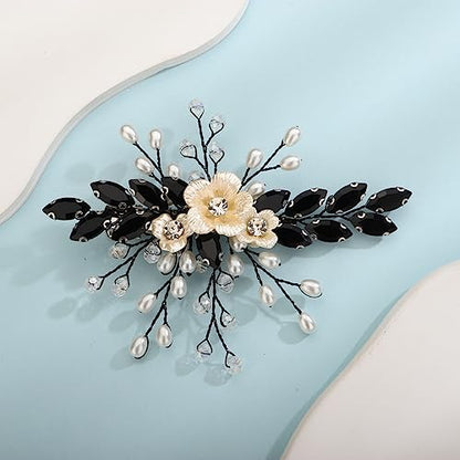Xerling Black Rhinestones Crystal Flower Hair Barrettes Clip Boho Bridal Pearl Hair Jewelry Accessories for Women Wedding Floral Headpieces (Black) - color: Black