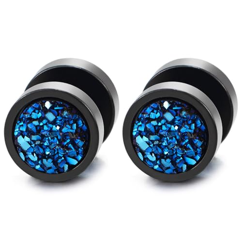10mm Women Mens Black Circle Stud Earrings Black Glitter, Steel Cheater Fake Ear Plugs Gauges Tunnel - color: Color: Black & Blue