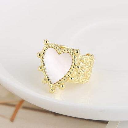 HZMAN 14K Gold Plated Open Ring for Women Brass Crystal Non Adjustable Statement Ring Collection - color: Heart Mother of Pearl