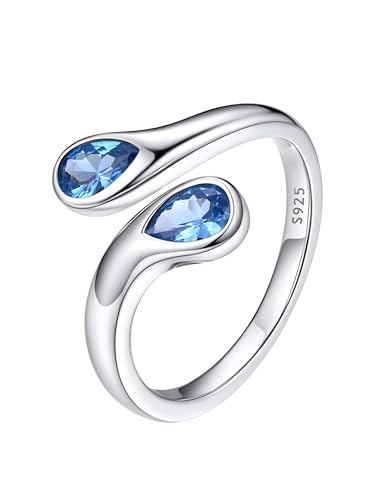 Bestyle Silver Birthstone Ring for Women, Dainty Sterling Silver Teardrop Ring Open Adjustable Band Ring, Love Statement TOI et Moi Ring Promise Ring for Her - color: 12.December (Blue Topaz)