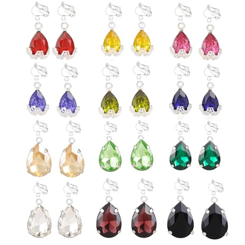 12 Pairs Clip on Earrings for Women Charm Teardrop Crystal Drop Dangle Earrings Huggie Hoop Ear rings Jewelry Set Christmas Valentine's Day Holiday Present