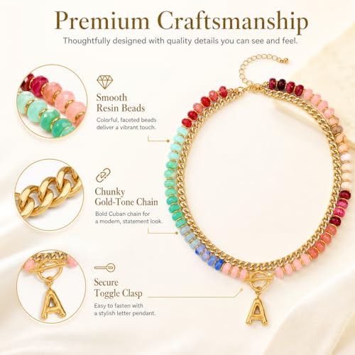 Colorful Beaded Bubble Letter Necklace For Women, Boho Double Layer Dopamine Rainbow Resin Beads Thick Cuban Chain Chunky With Initials Pendant Necklaces Summer Beach Jewelry Gift ﻿ - color: Dop K