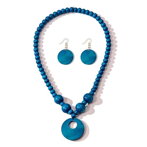 KaFu Handmade Bohemian Wooden Round Beaded Choker Necklace Earrings Set for Women Vintage Multicolor Wood Beads Chunky Geometric Ethnic Sweater Necklaces Statement Jewelry Gifts - color: blue