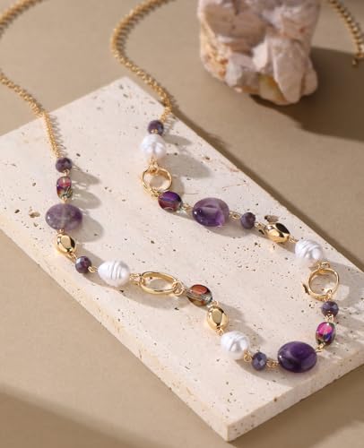 Long Gold Necklaces for Women Trendy Beaded Chain Necklace Chunky Costume Jewelry Gifts for Her - color: Amethyst