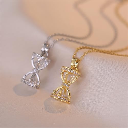 Dtja Dainty CZ Hourglass Pendant Necklace for Women 14K Gold Plated Stainless Steel Crystal Sand Clock Time Arrangement Theme Charms Link Chain Adjustable Necklaces Souvenir Jewelry Gift - color: Silver